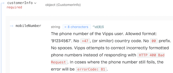API specification for phone number