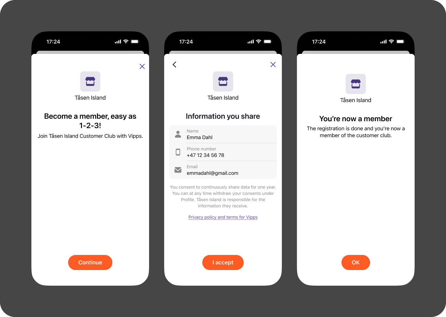 Login completion confirmation in Vipps app