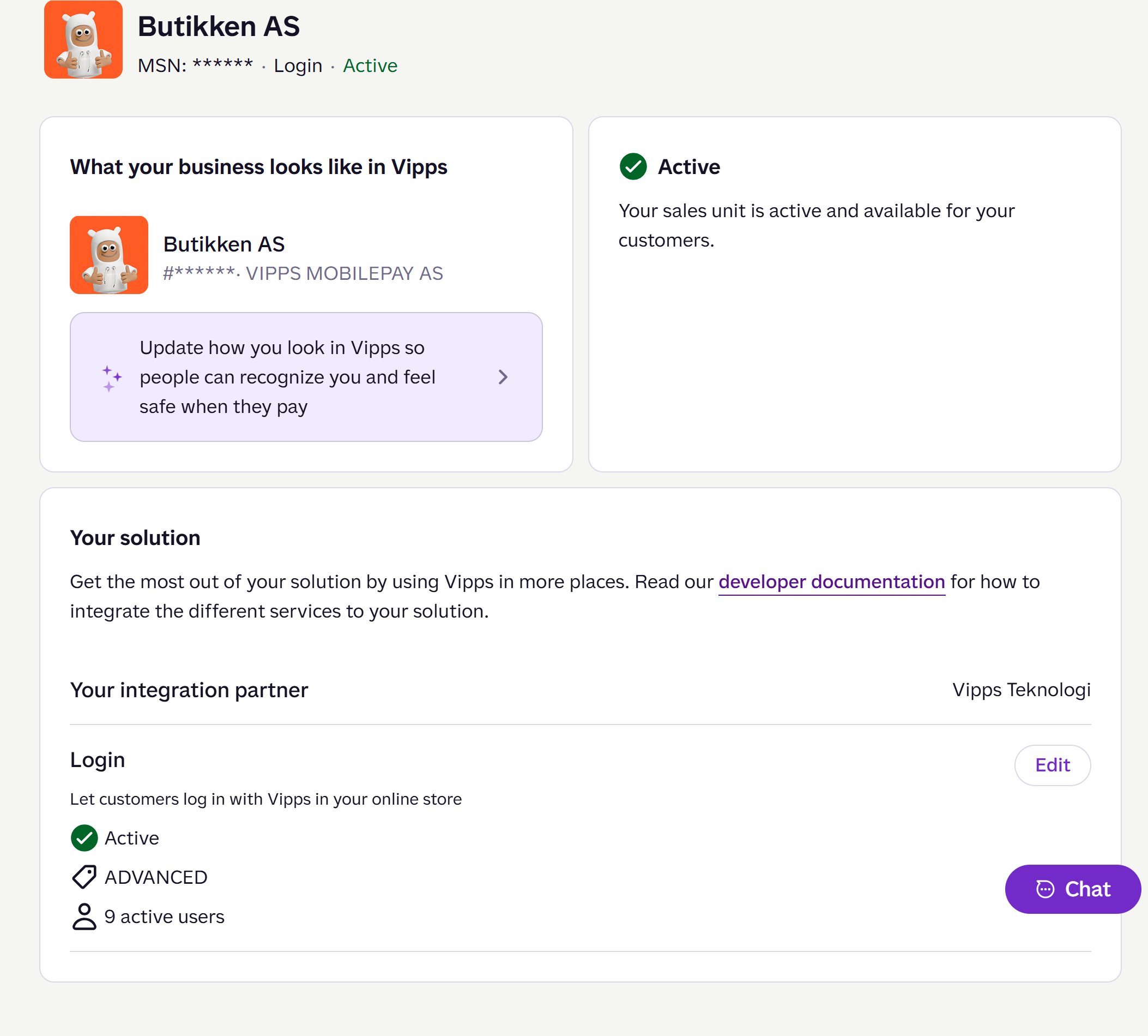 Portal sales unit detail page showing name, MSN, and settings