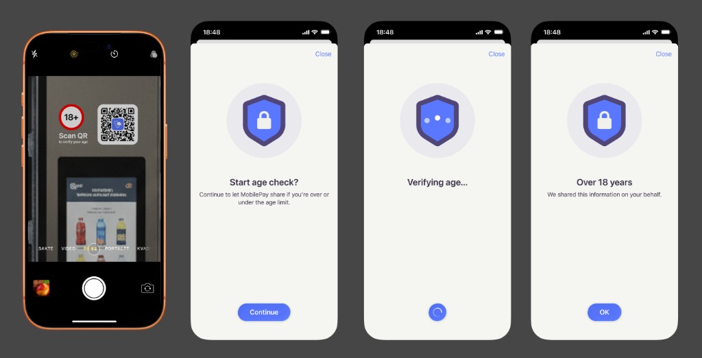 Customer scans QR, starts age check, verification in progress, and confirmed over 18