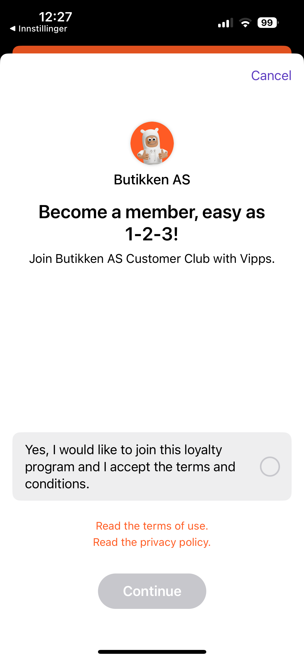 User sees confirm terms and policy page in the app
