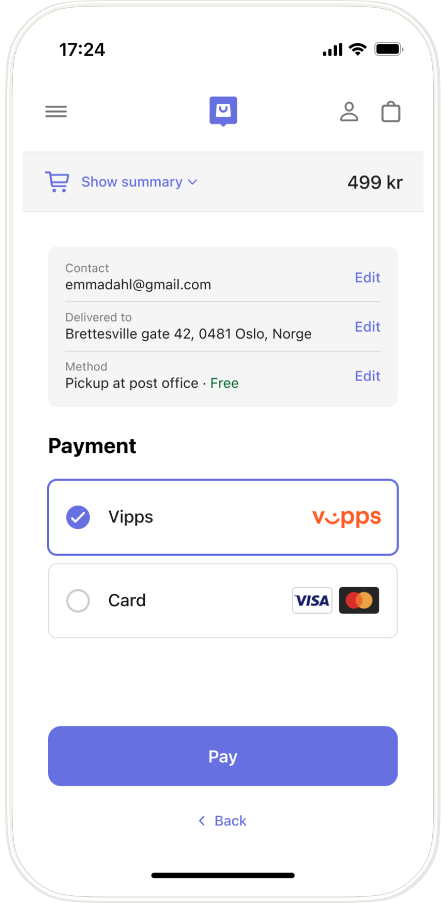 Pay with Card or Vipps