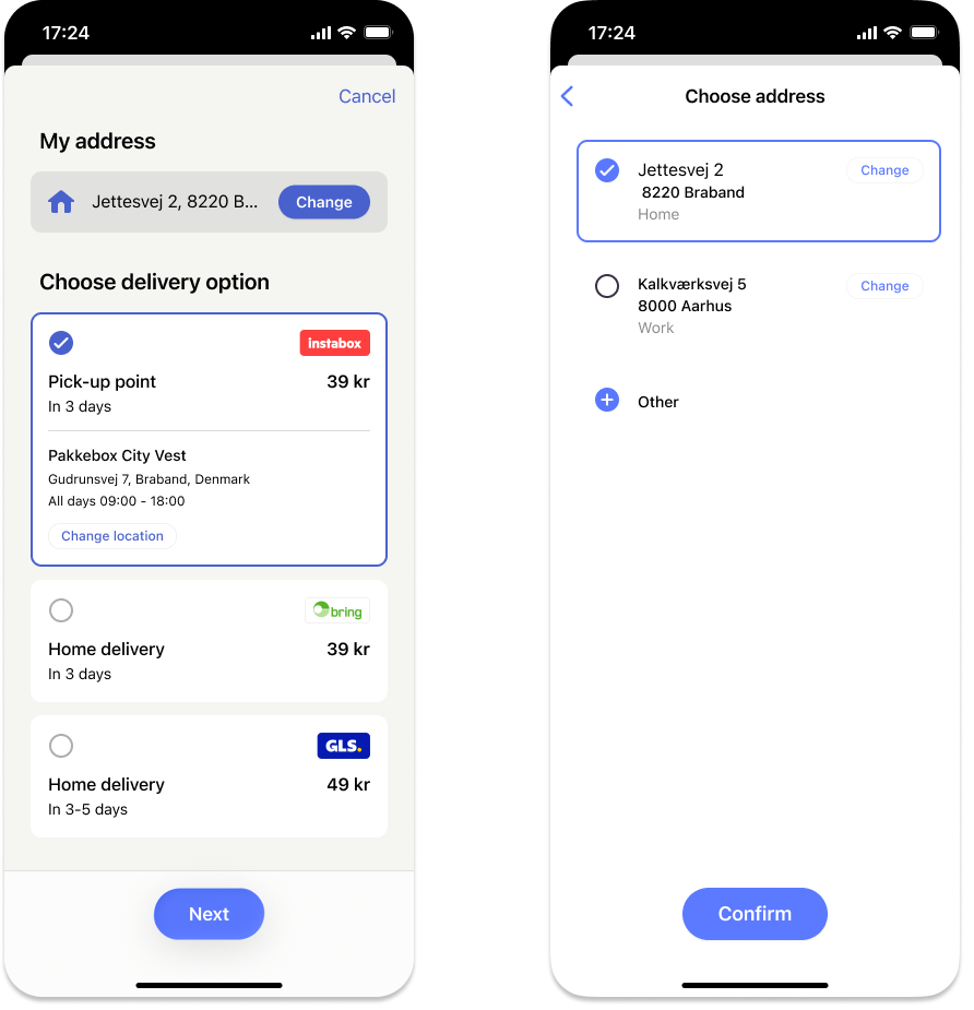 MobilePay screen for updating the delivery address in Express