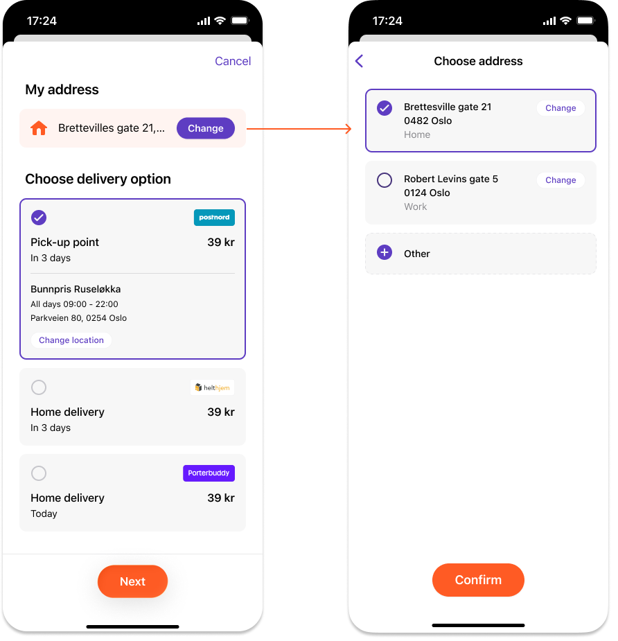 Vipps screen for updating the delivery address in Express