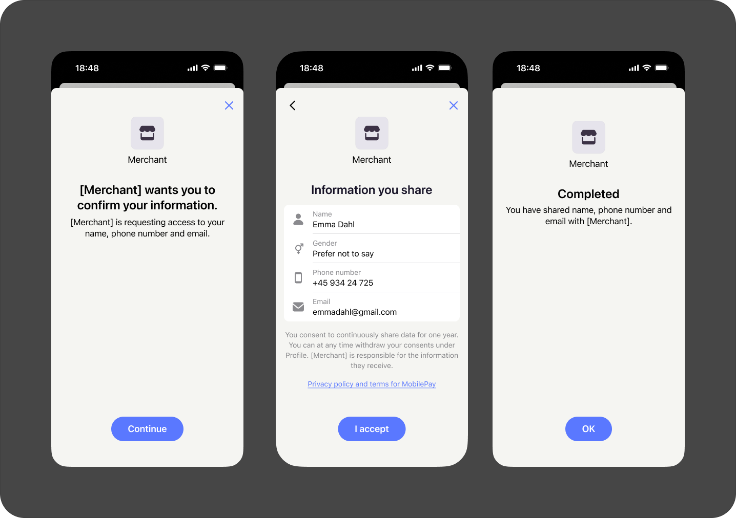Confirm information texts in MobilePay app