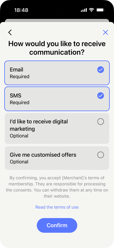 User sees confirmation of marketing consents with MobilePay colors