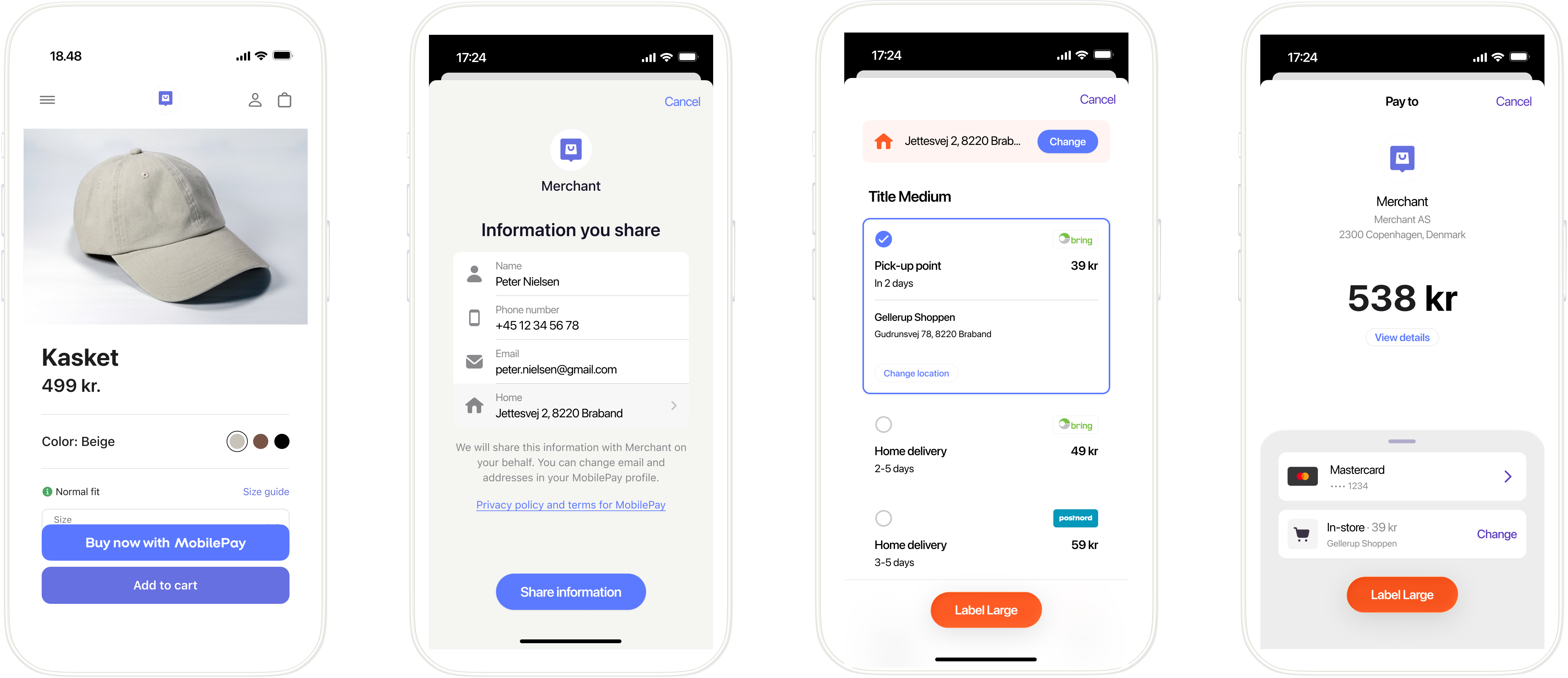 MobilePay Express flow showing address, shipping, and payment steps