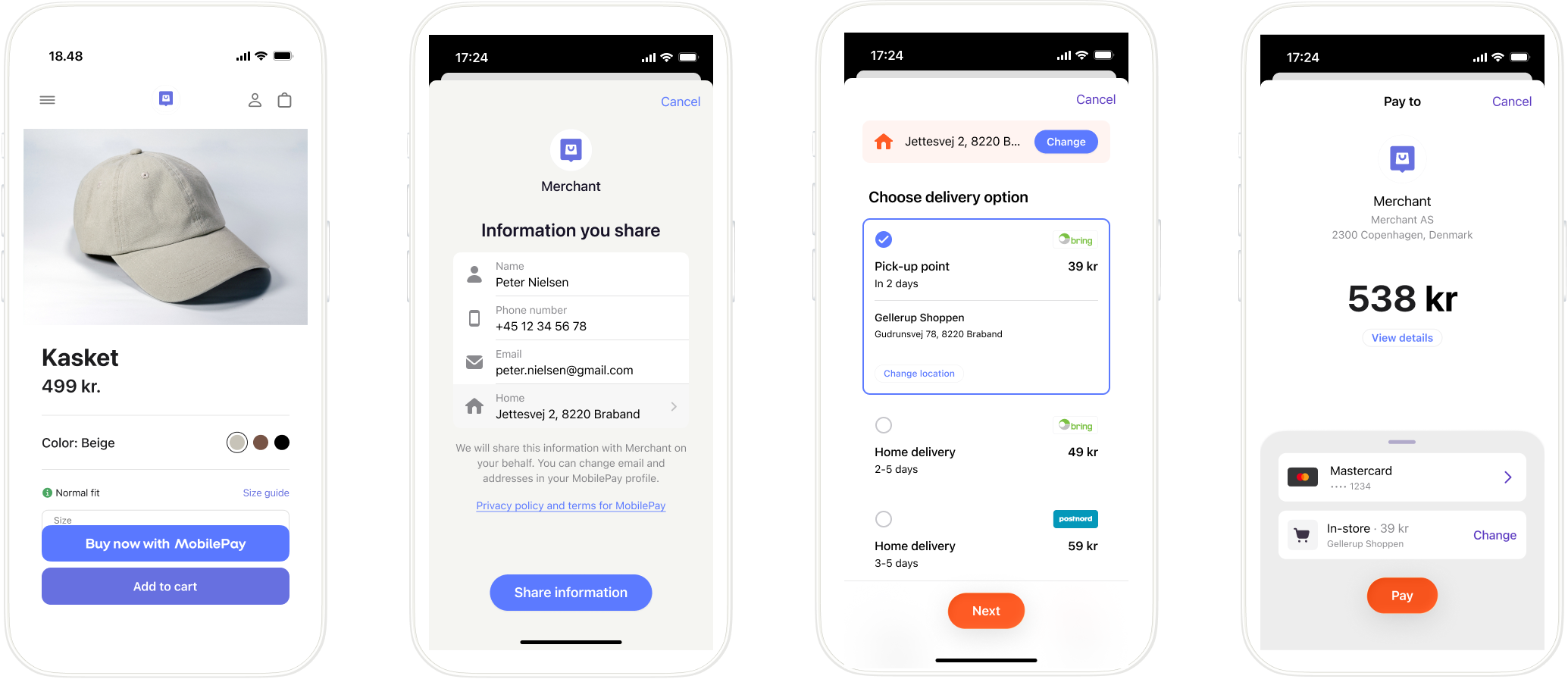 MobilePay Express flow showing address, shipping, and payment steps