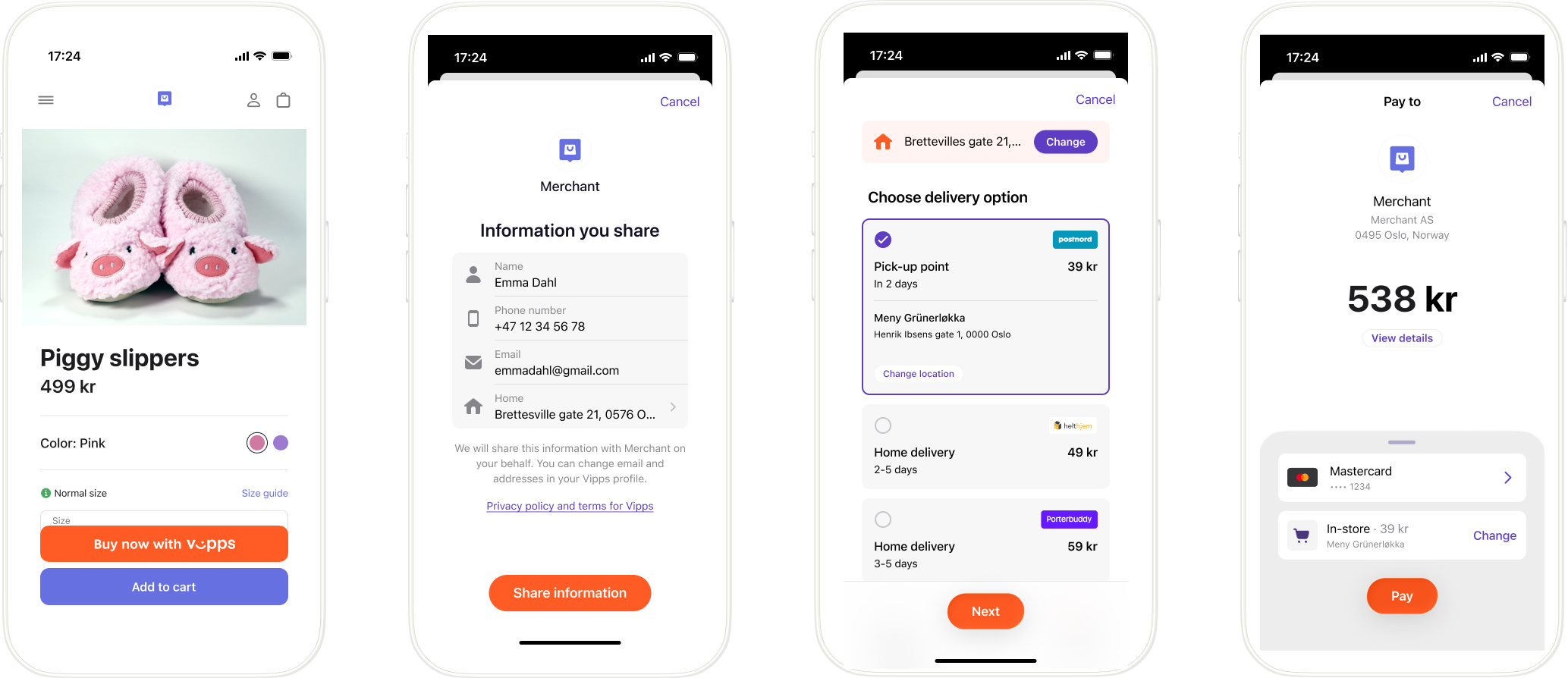 Vipps Express flow showing address, shipping, and payment steps