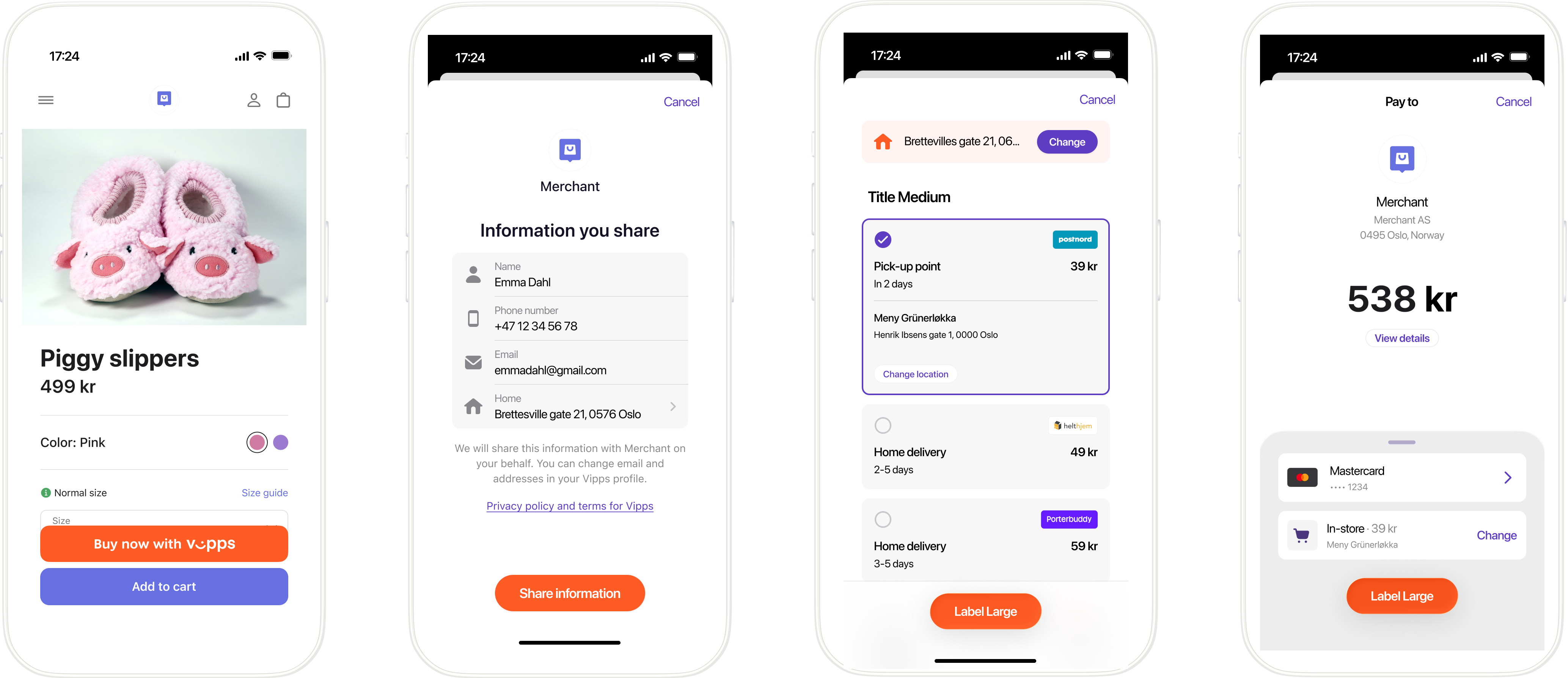 Vipps Express flow showing address, shipping, and payment steps