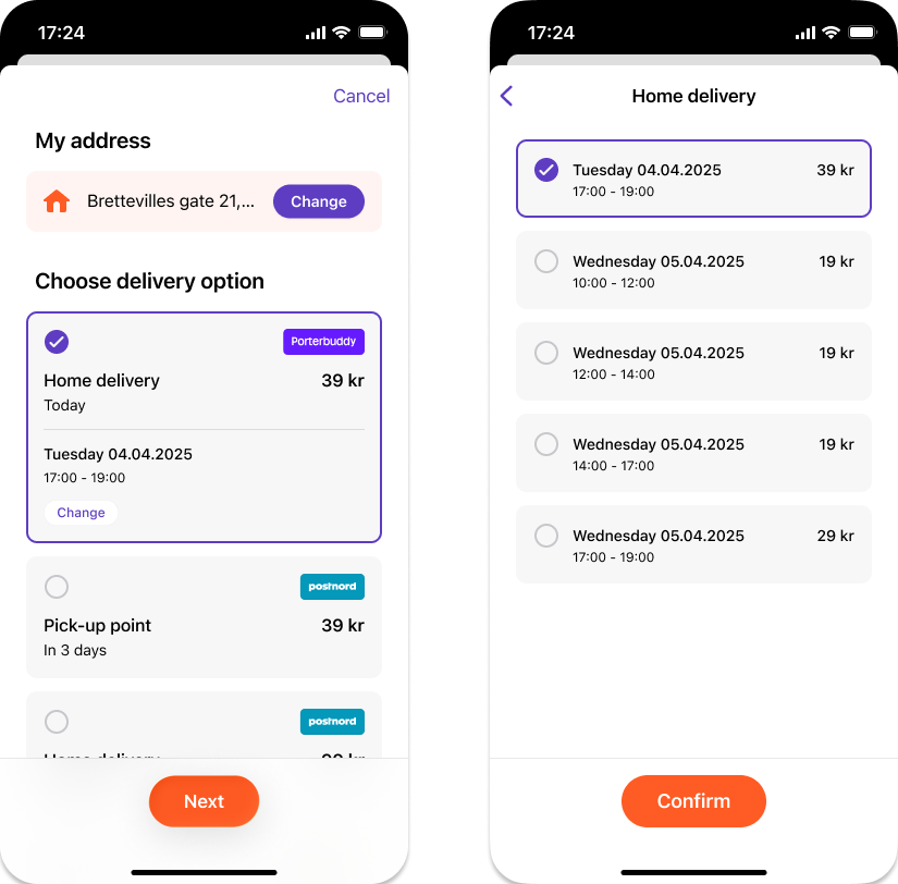 Porterbuddy time slot shipping options in Vipps Express