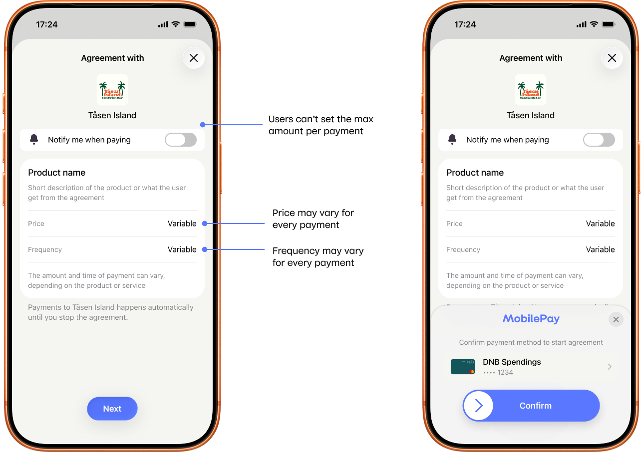 Flexible price payment agreements in MobilePay