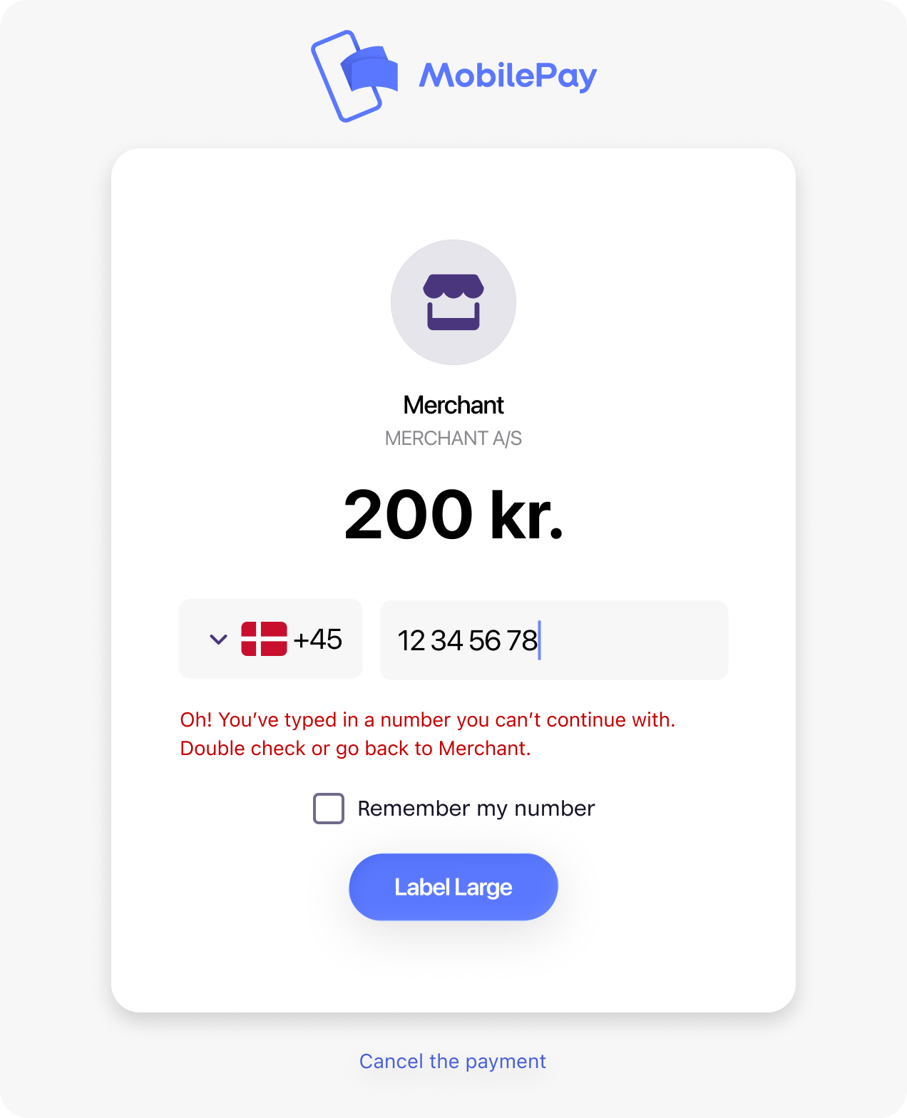 MobilePay landing page showing a generic error when user does not meet age requirements