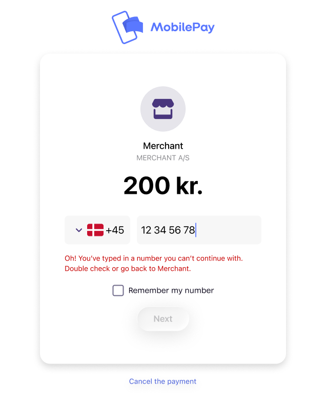 MobilePay landing page showing error when user has no active account