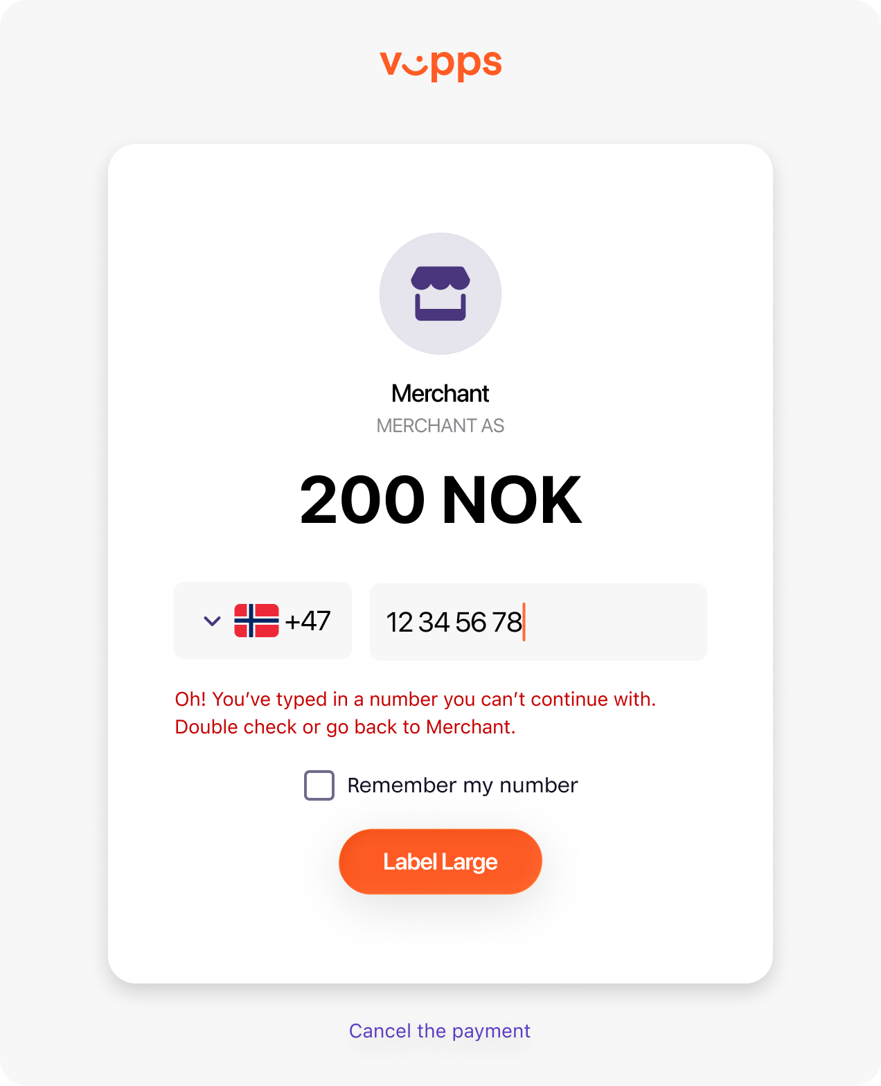 Vipps landing page showing a generic error when user does not meet age requirements