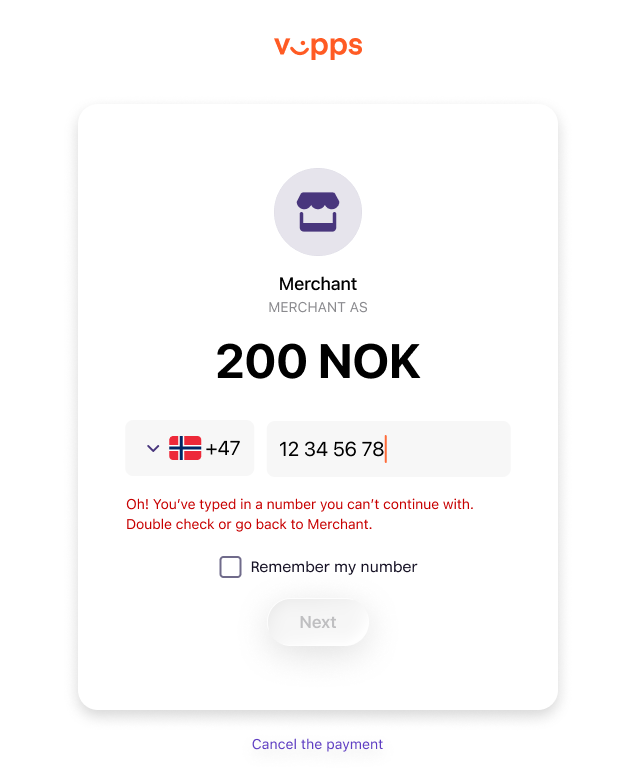 Vipps landing page showing error when user has no active account