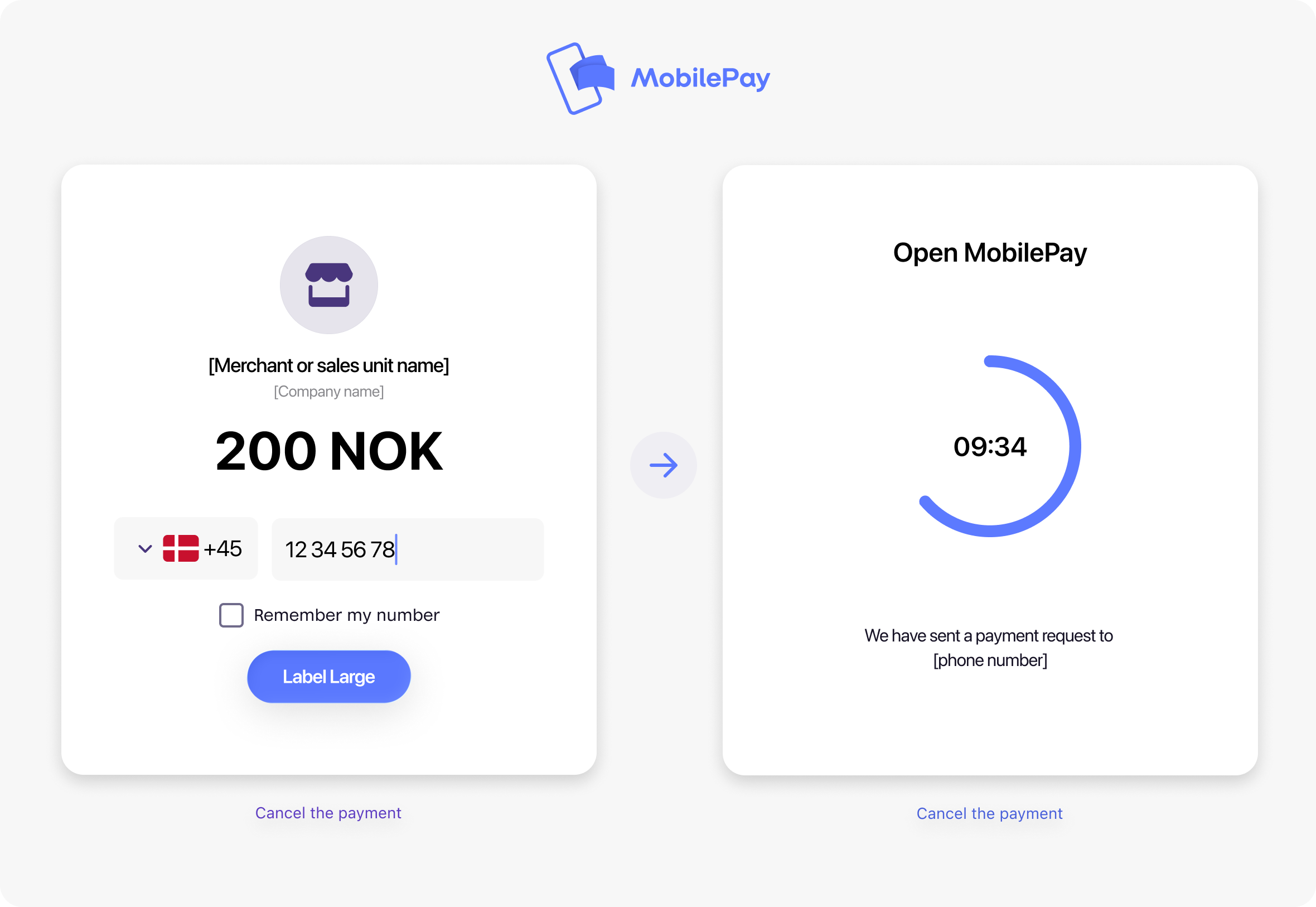 MobilePay landing page showing phone number input field