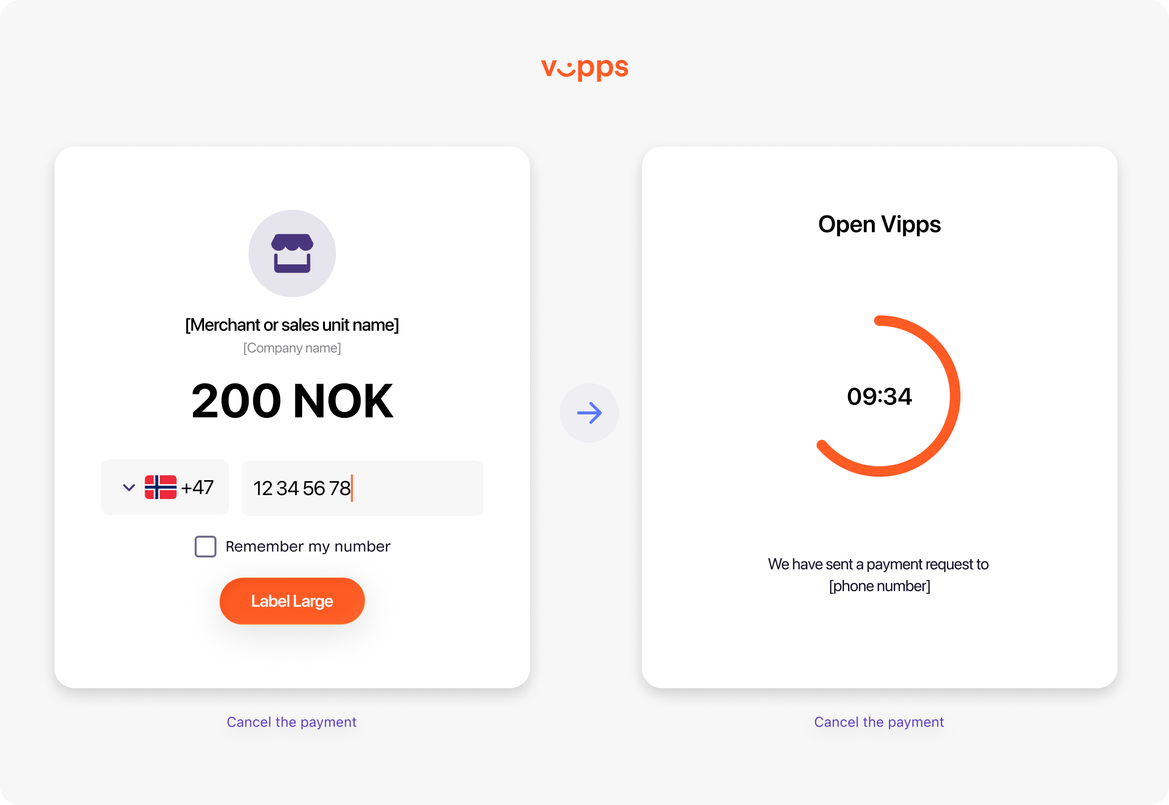 Vipps landing page where the user enters their phone number to confirm payment