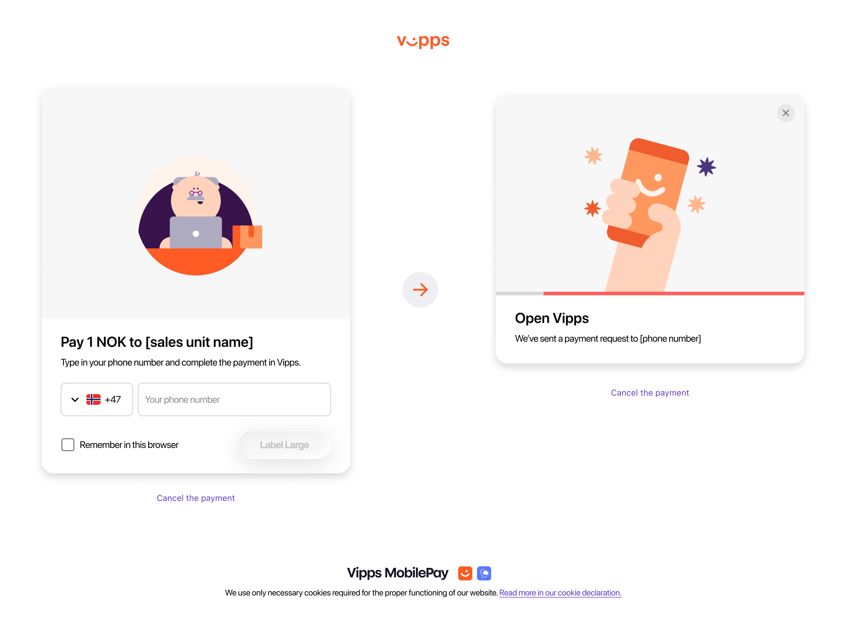 New Vipps landing page design used inside the Widget SDK dialog