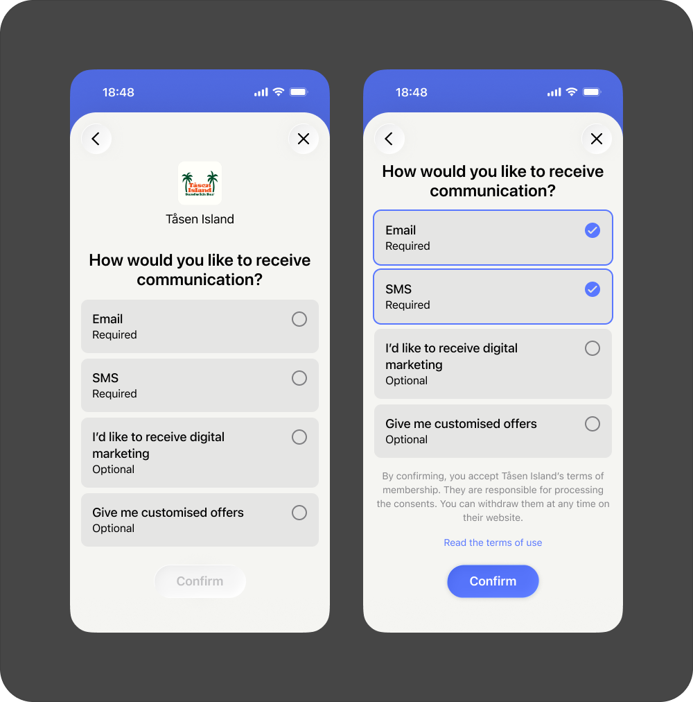 User sees confirmation of marketing consents with Vipps colors