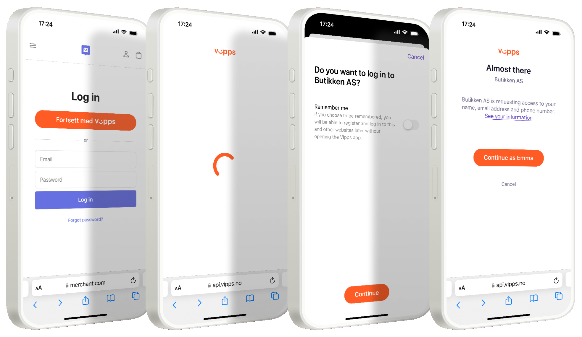 Vipps login screens