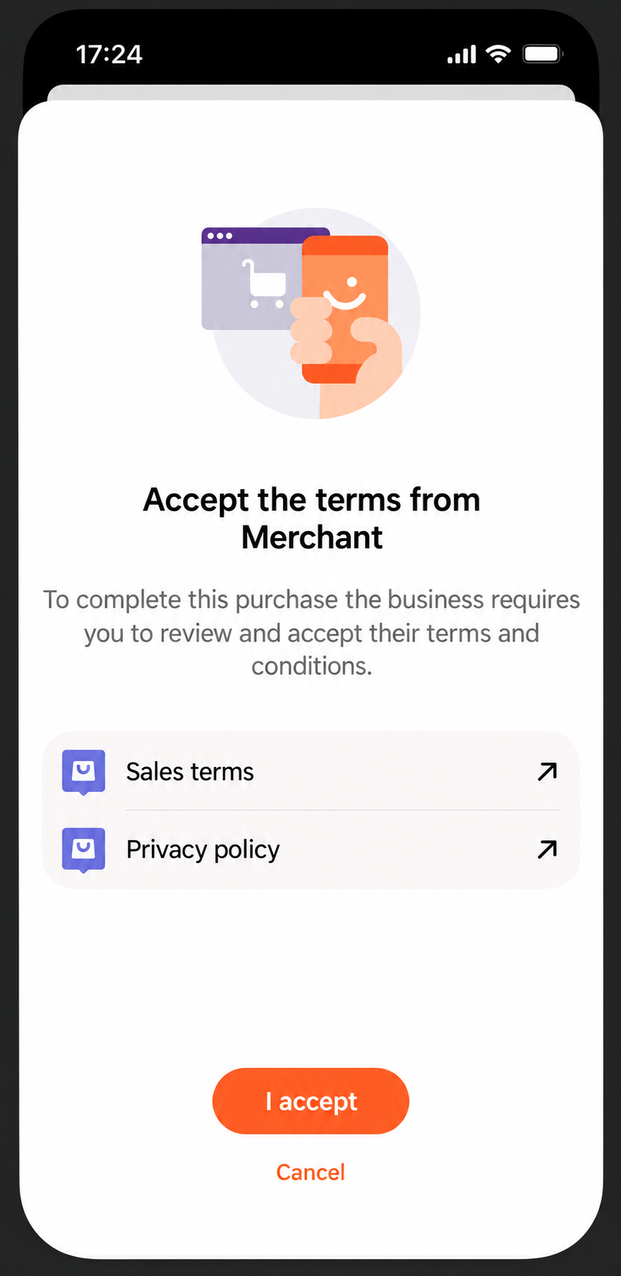 Merchant terms acceptance screen in Vipps