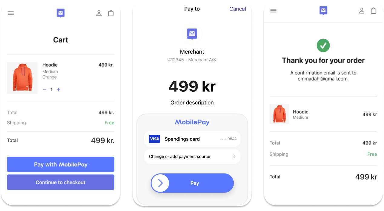 MobilePay single-device flow showing app launching from checkout