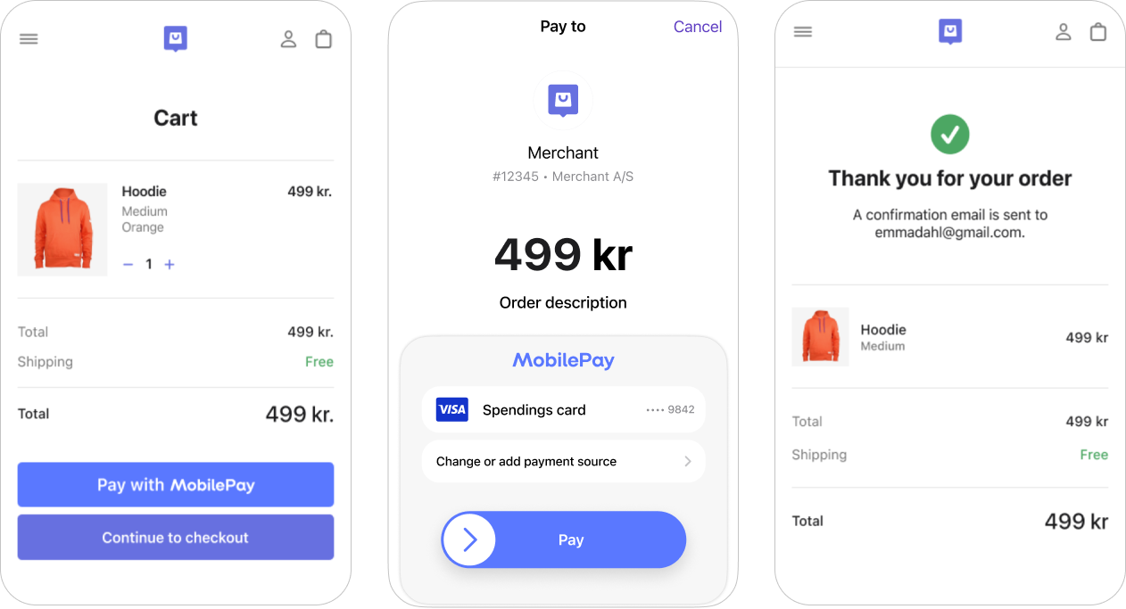 MobilePay single-device flow showing app launching from checkout