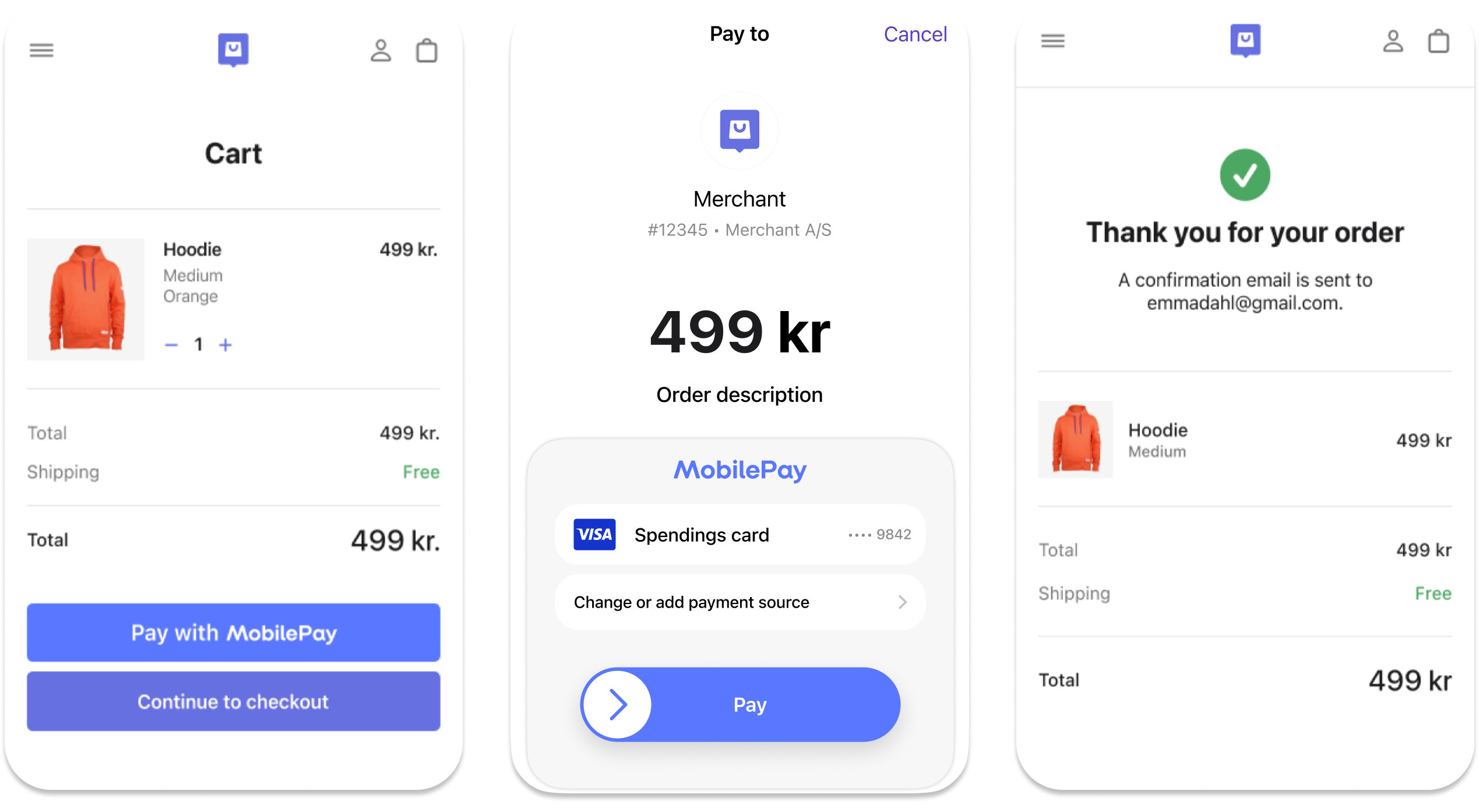 MobilePay single-device flow showing app launching from checkout