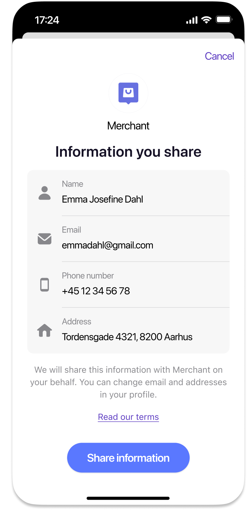 User information consent screen in MobilePay