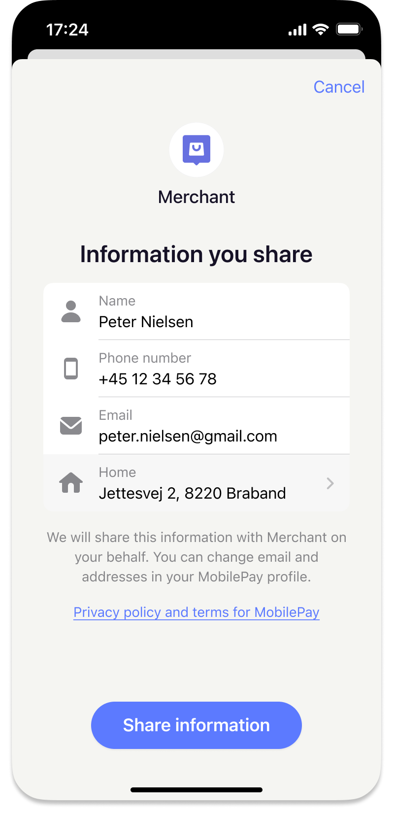 MobilePay user information consent