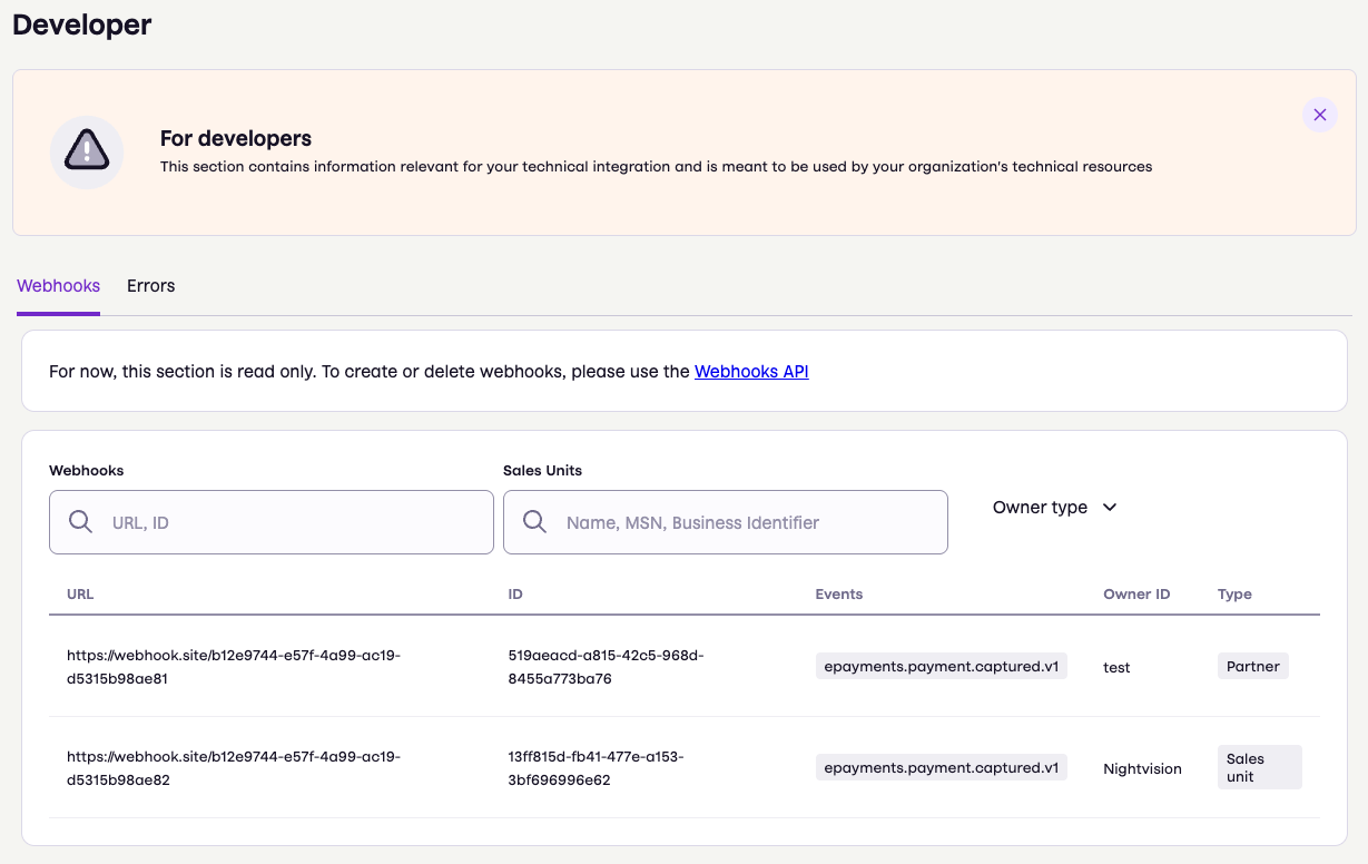 Partner portal webhooks