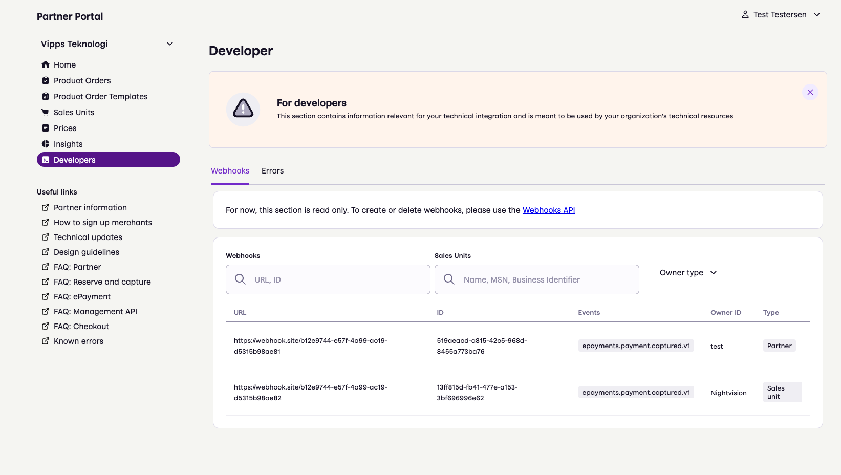 Partner portal webhooks