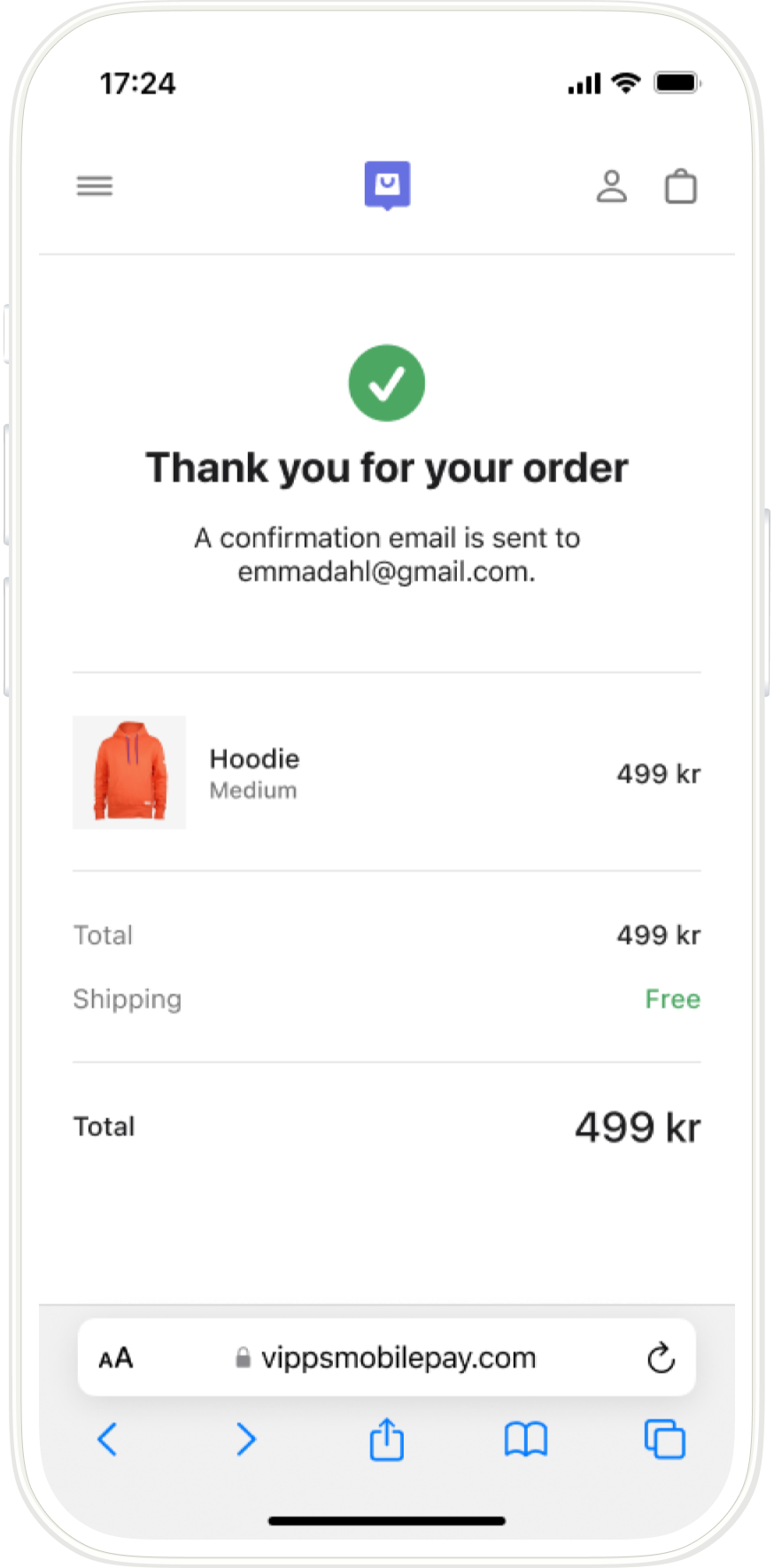 Payment confirmation screen showing a successful order in the merchant store