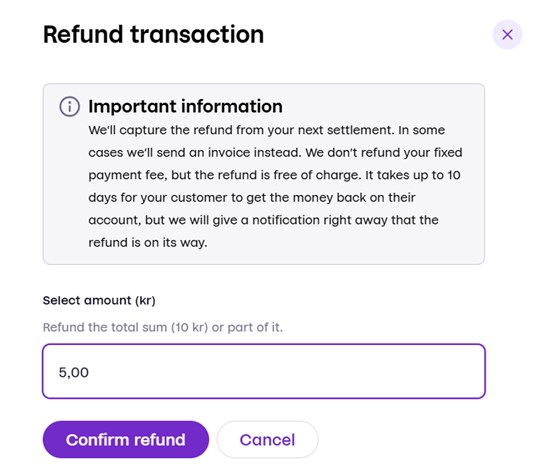 Screen showing refund amount