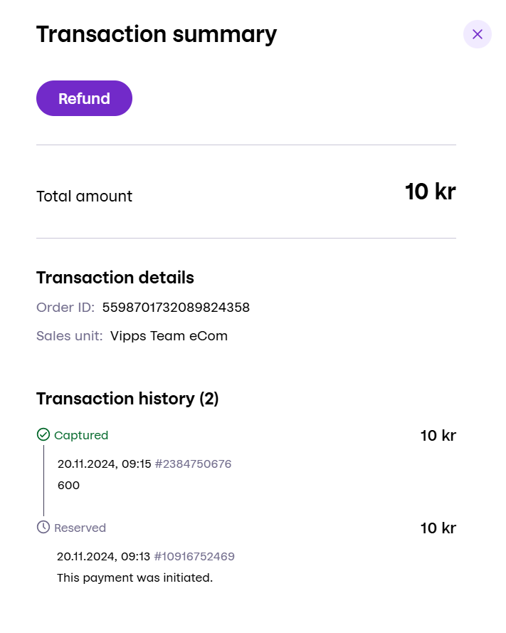 Screen showing refund button