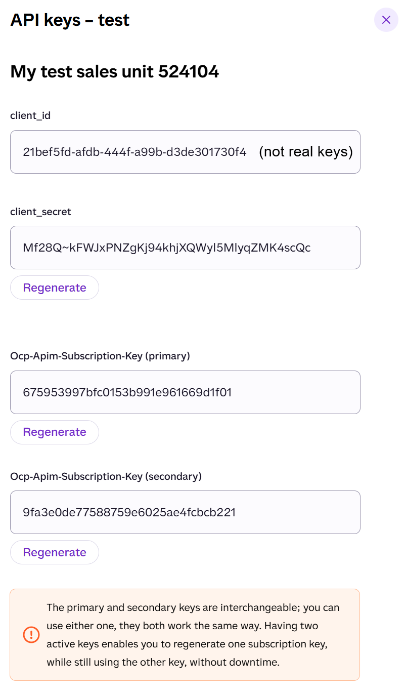 Portal panel showing API keys for a test sales unit: client_id, client_secret, subscription keys