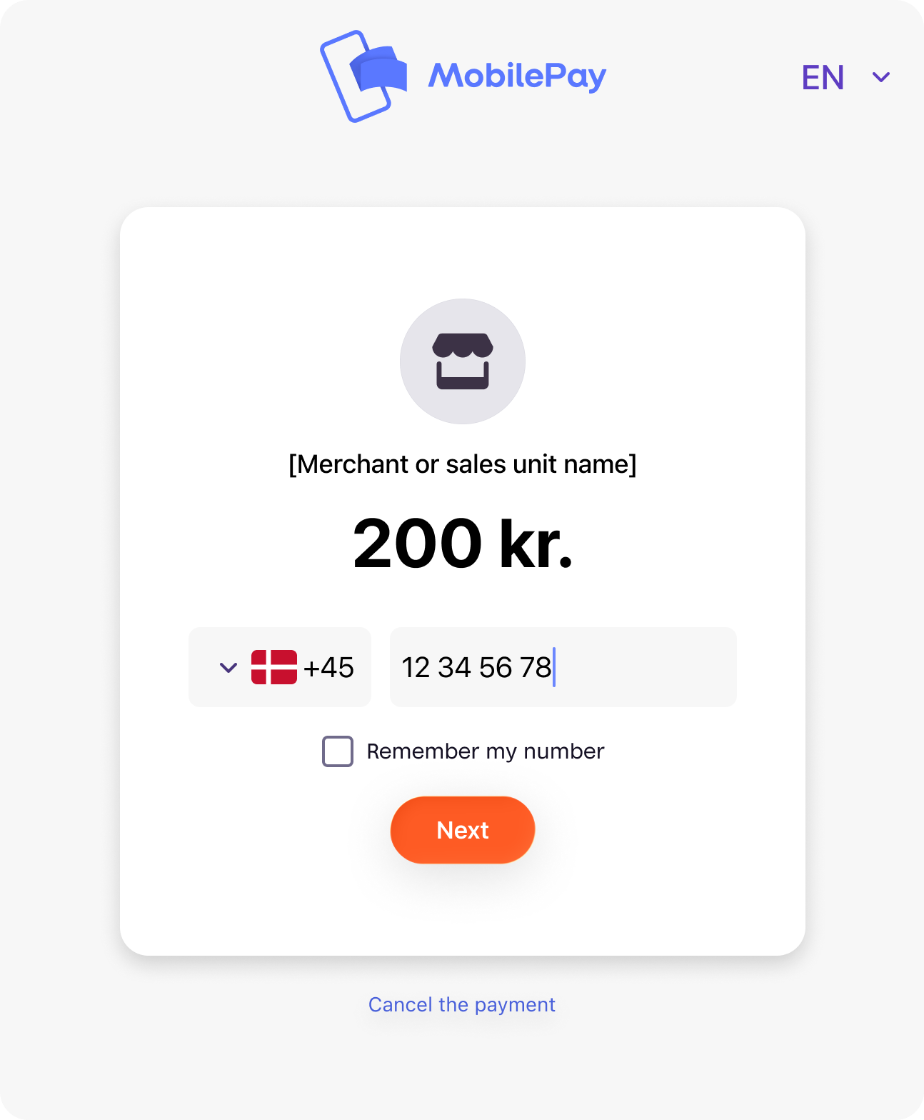 MobilePay landing page showing phone number input for PSP payments