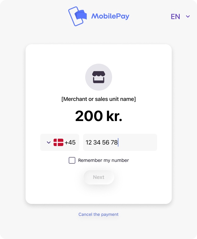 MobilePay landing page showing phone number input for PSP payments