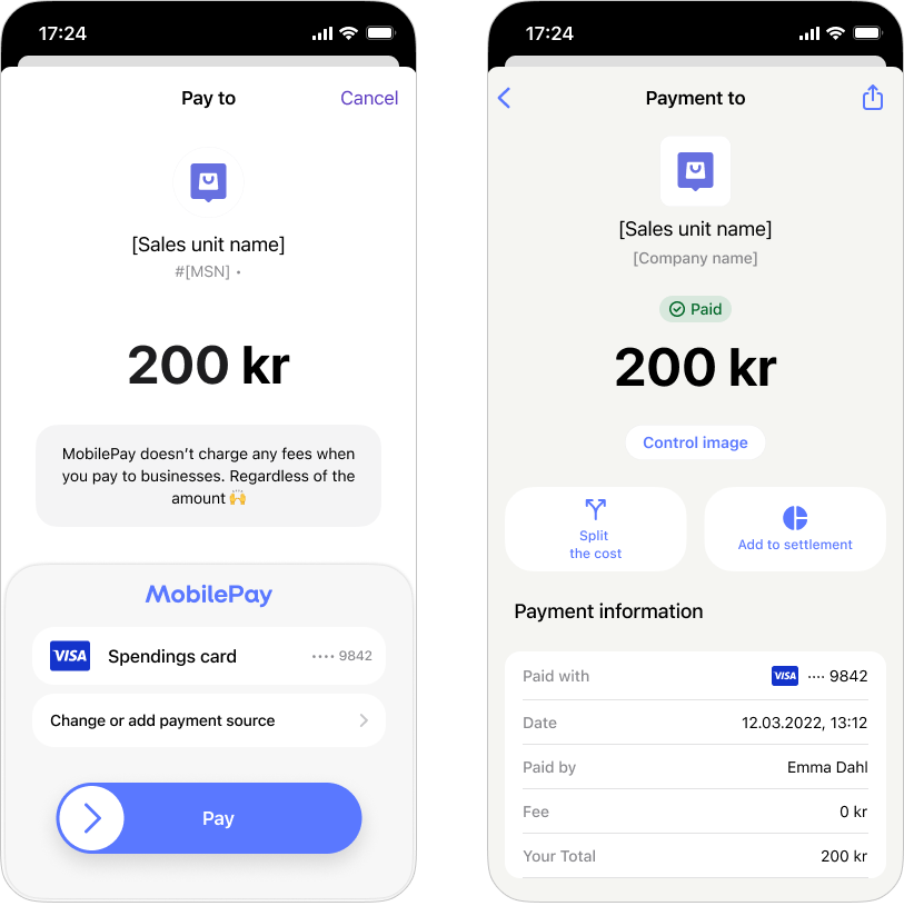 MobilePay Online payment screens