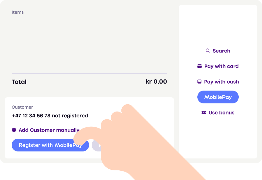 Hand-held scanner scanning MobilePay personal QR code with Pay with MobilePay in POS