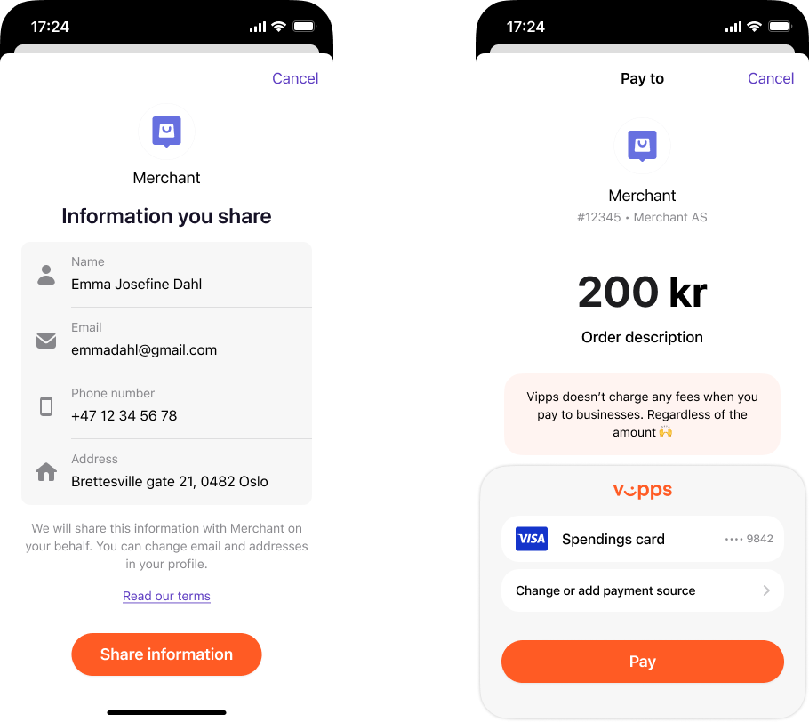 User information consent screen in Vipps
