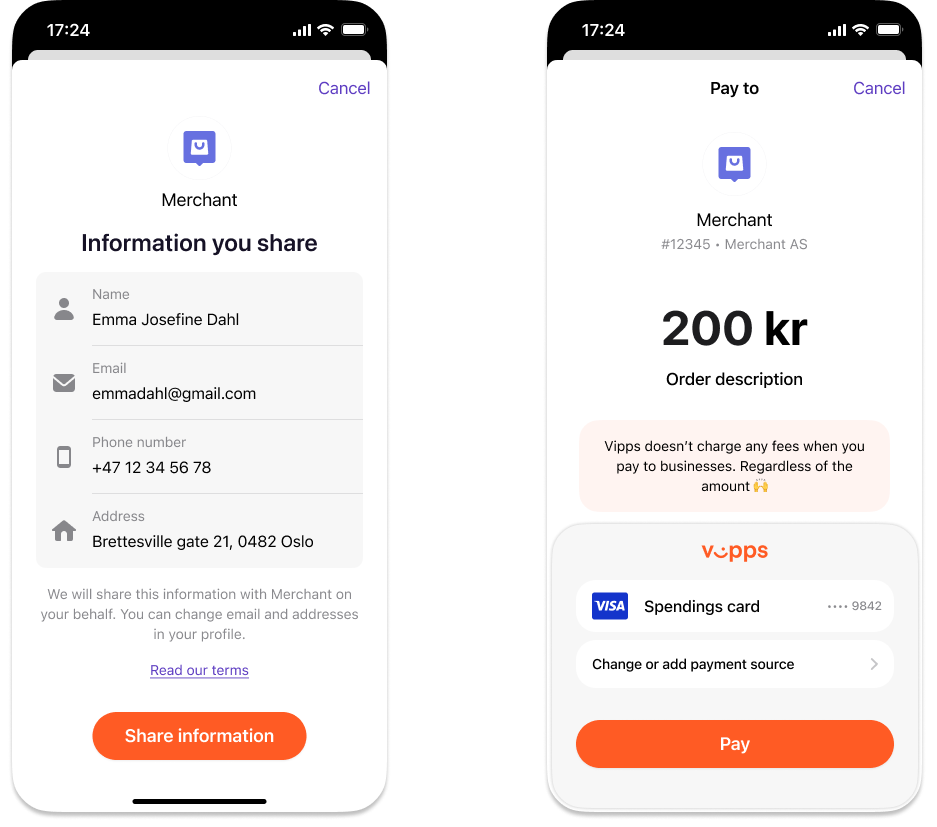 User information consent screen in Vipps