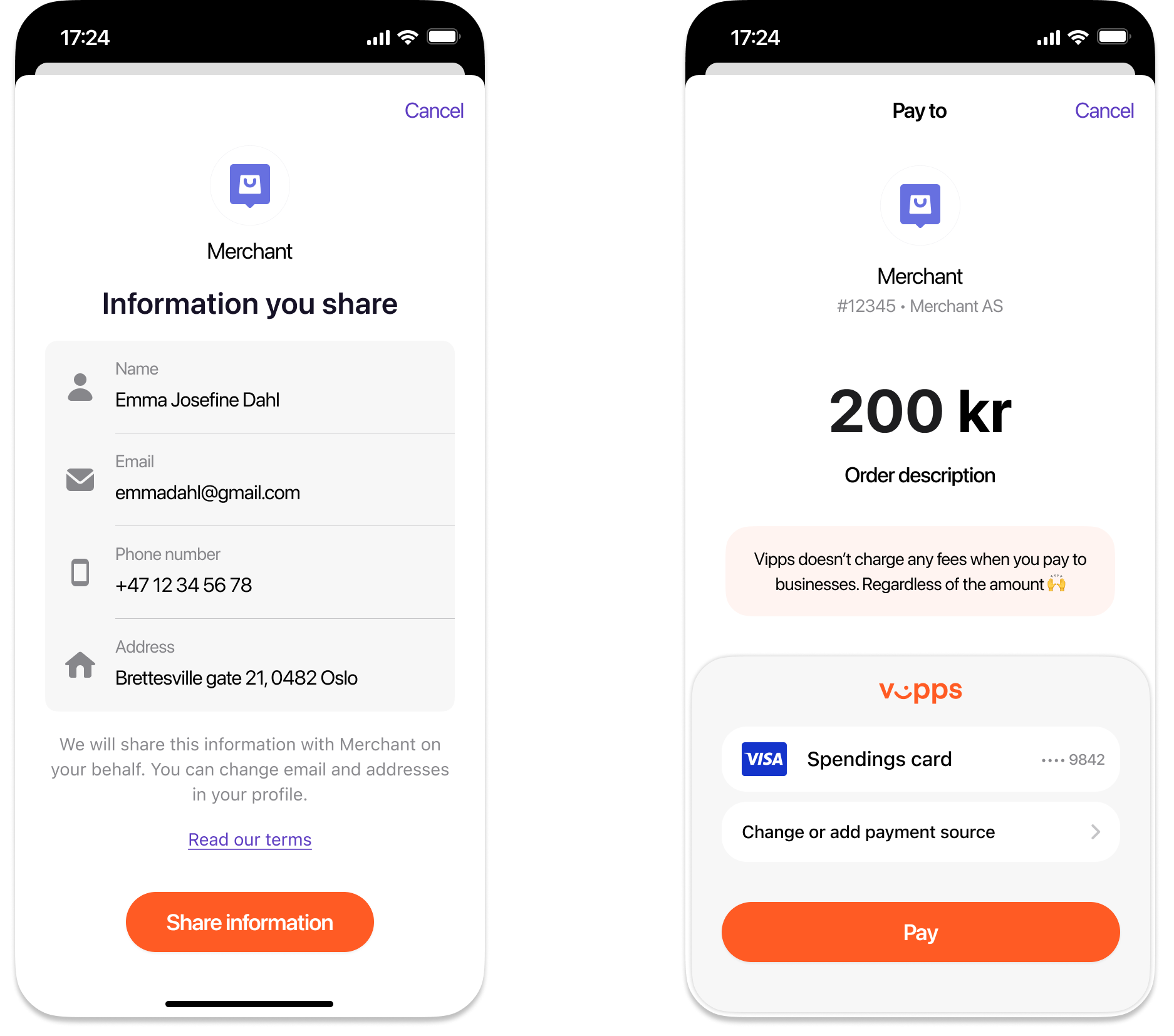 User information consent screen in Vipps