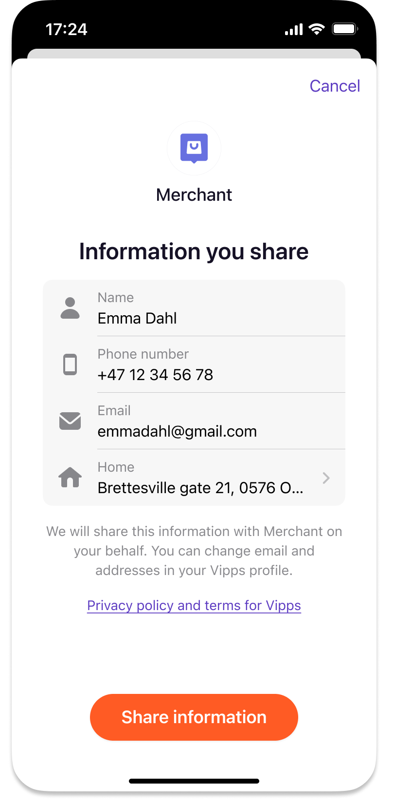 Vipps user information consent