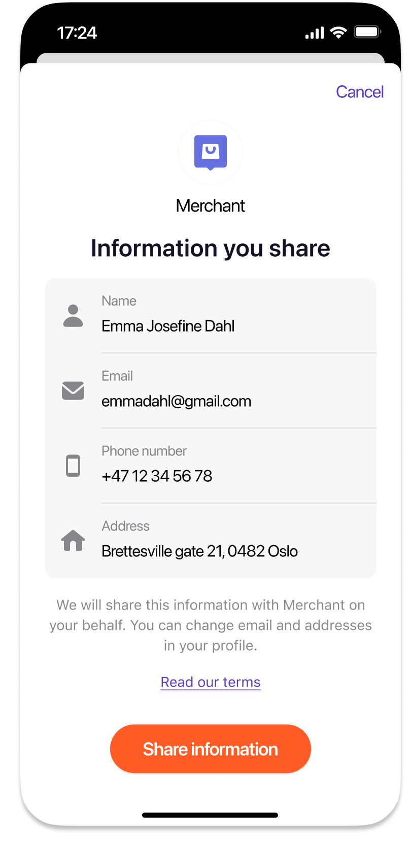 User information consent screen in Vipps