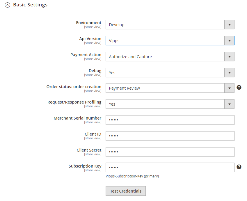 Screenshot of Basic Vipps MobilePay Settings